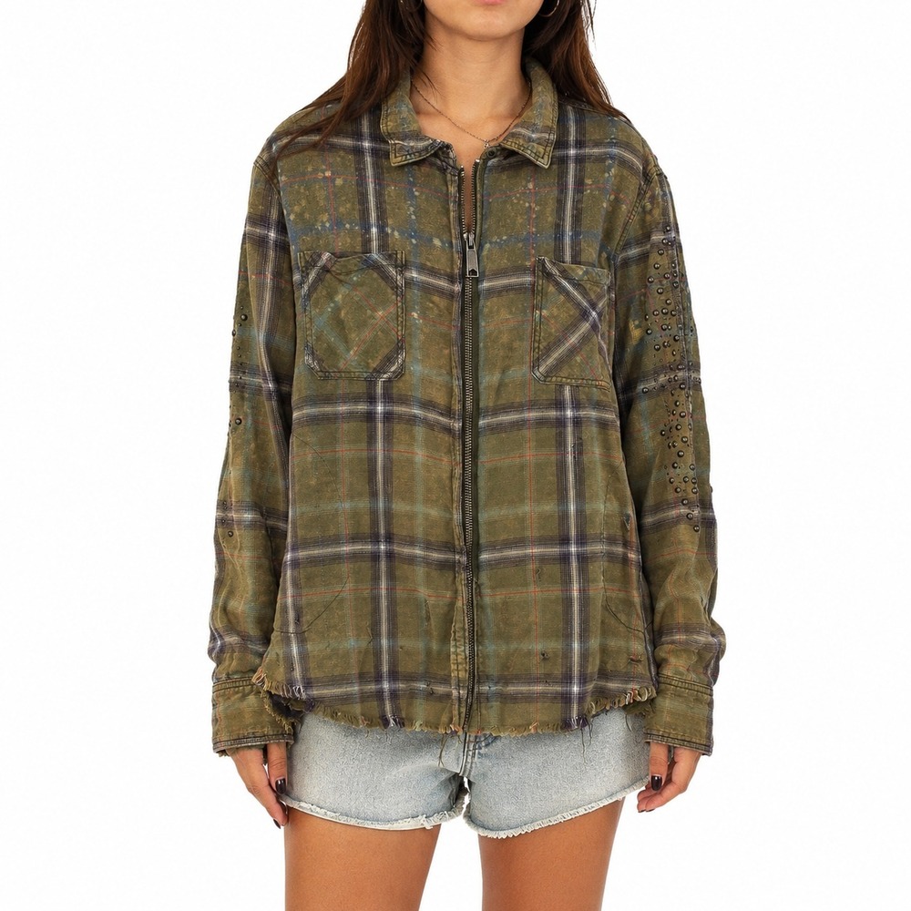 Free People Washed & Deconstructed Plaid Shacket Women's S/P Ragged Hem Bleached